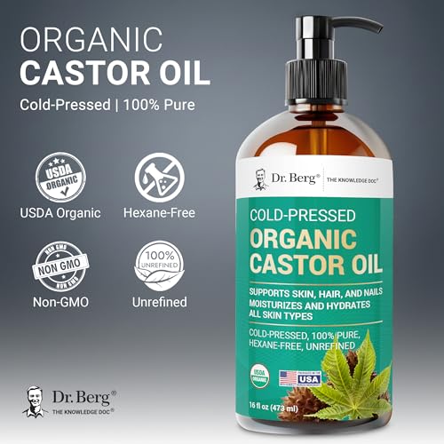 Dr. Berg Organic Castor Oil ? 16 fl oz Cold-Pressed Oil ? Pure, Unrefined, Single Ingredient ? Sourced in India, Bottled in USA ? Lab Tested, USDA Organic, Glass Bottle