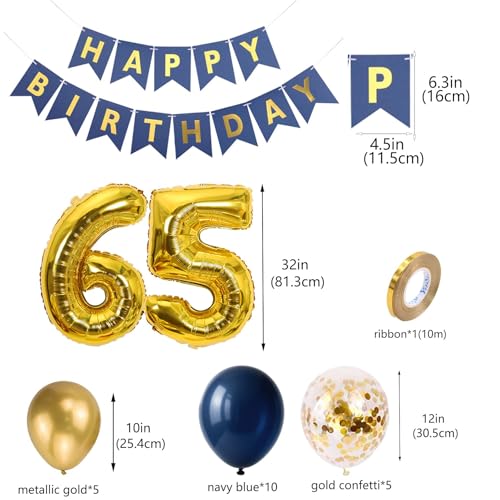 Navy Blue and Gold 65th Birthday Party Decorations Set
