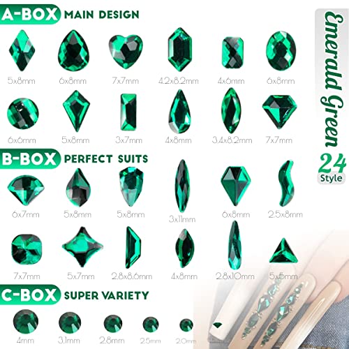 qiipii Emerald Green Nail Rhinestones 3 Boxes Multi-Shapes 240pcs Nail Art Crystals