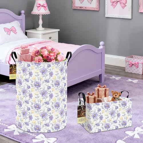 Collapsible Round Storage Basket with Handles - Purple Flower