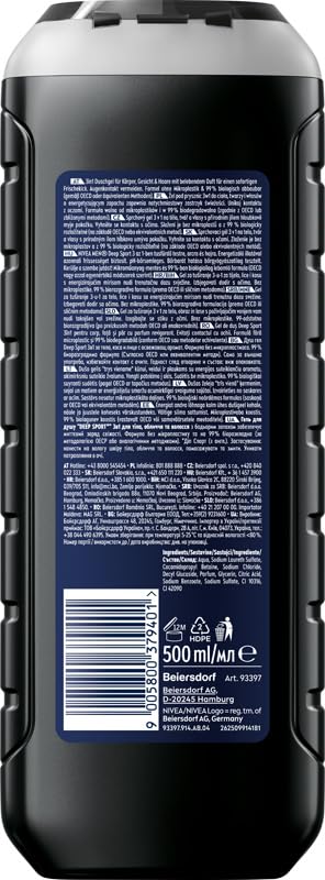 NIVEA Men Deep Sport 3-in-1 Shower Gel, 500ml - Body, Face & Hair Cleanser