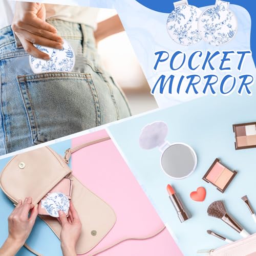 Blue Floral Mini Compact Mirrors Bulk 12 Pcs for Bridesmaid Gifts & Bridal Party