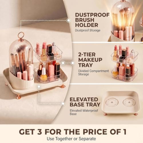360° Rotating Makeup Brush Organizer with Lid – Acrylic Storage with 2 Trays