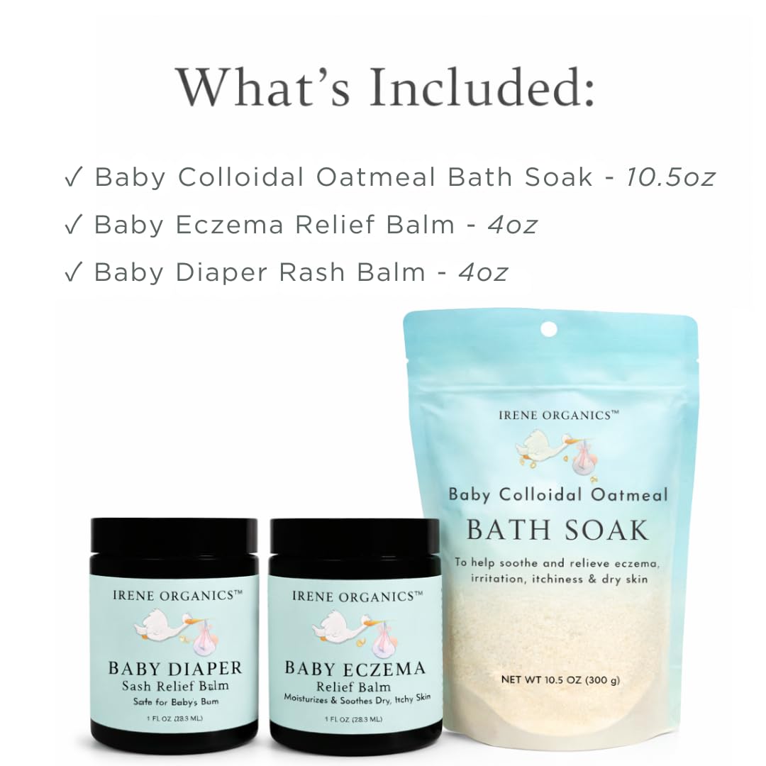 Irene Organics Baby Skincare Complete Routine Bundle – Colloidal Oatmeal Bath Soak, Eczema Relief Balm, Diaper Rash Balm & for Sensitive Skin, Newborns, Infants & Toddlers