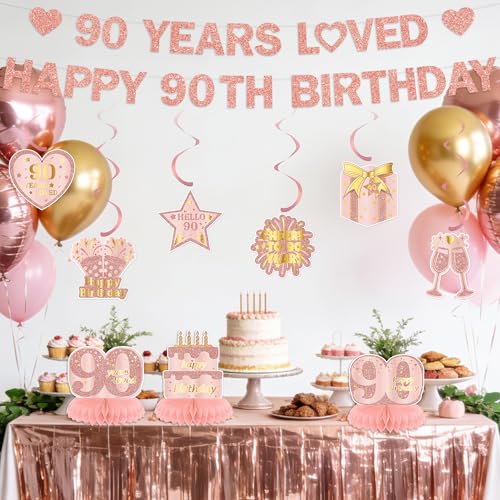 Rose Gold 90th Birthday Decorations Set for Women - 9 Pieces