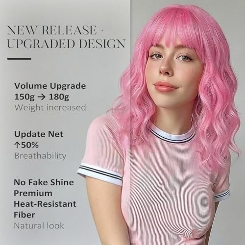 Light Pink Wavy Bob Wig with Bangs - 14 Inch Shoulder Length