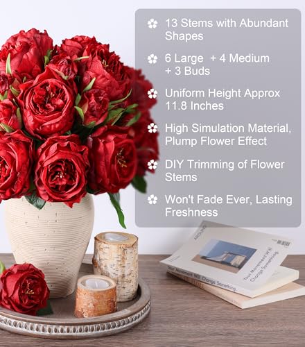 Bright Red Austin Rose Silk Flowers - 13 Branches for Wedding & Decor