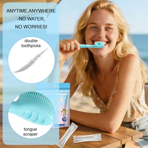JOUGE 4-in-1 Disposable Mini Toothbrush with Toothpaste, 30 Pack