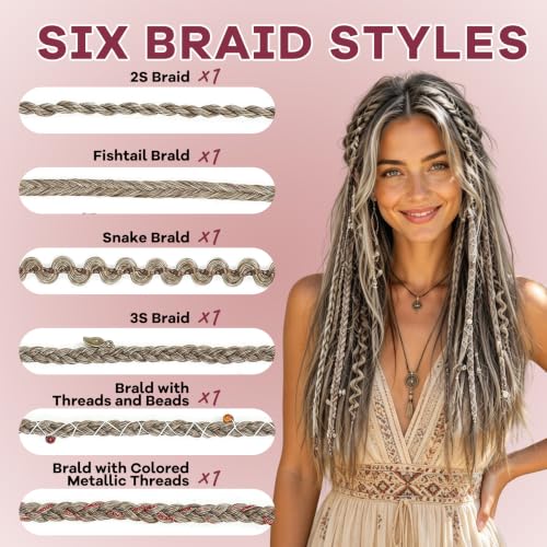 Boho Clip-In Braids 22in Hair Extensions 6Pcs Handmade Viking Bead Style