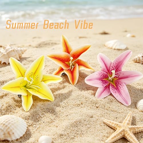 Fosrisix 3-Pack Large Plumeria Hair Clips – Tropical Lily Floral Hair Barrette in Pink/Orange/Yellow (Orange Yellow Pink)