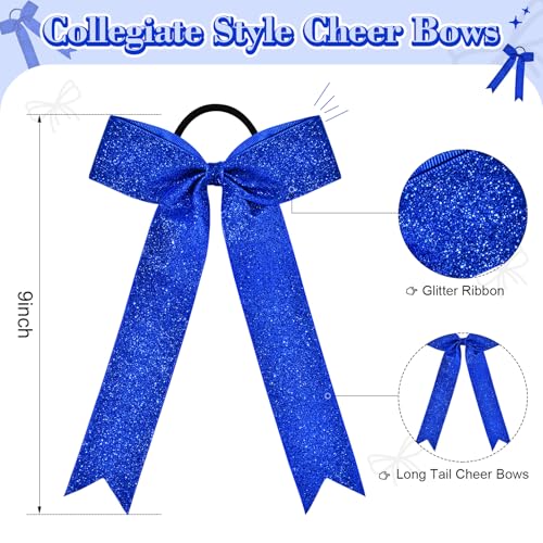 DEEKA Royal Blue Glitter Cheer Bows - 12 Pack Long Tail Ponytail Holders
