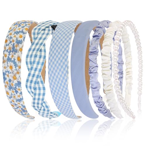 Eleilians 7 Pcs Women's Girls Headbands Blue Multi-Style Non-Slip Pearl Floral Vintage Wide