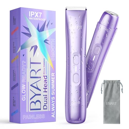 BYART Bikini Trimmer for Women Dual Head ? IPX7 Waterproof & Painless Electric Razors for Pubic Hair, Face, Legs, Underarms ? Portable Cordless Shaver with Fast Charging, Self Care Gifts for Women