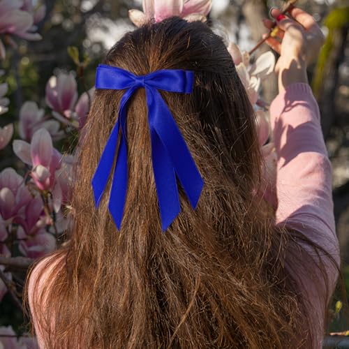 Blue Satin Hair Bows with Long Tails – Elegant Hair Accessories for Weddings & Daily Wear