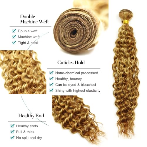 GveoXvo 3-Bundle Deep Wave Human Hair Extensions - Honey Blonde Highlight 22"