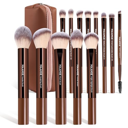 MAANGE 13 PCS Makeup Brush Set - Coffee, Synthetic Bristles with Case