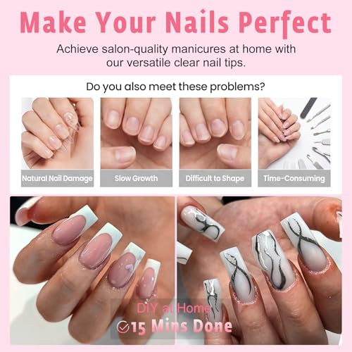 600pcs Clear Square Gel Nail Tips - Fake Acrylic Nails for Manicure