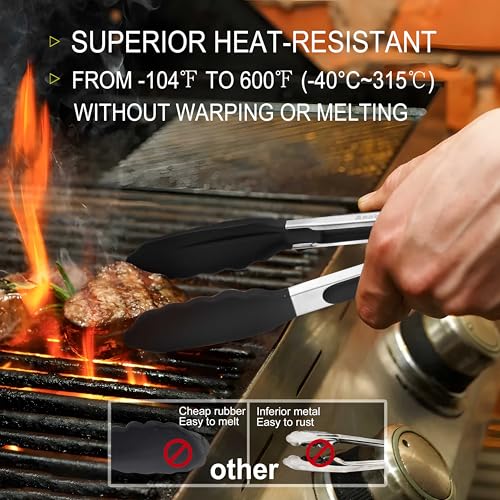Anaeat Non-Stick Silicone Kitchen Tongs Set of 3 - 7", 9", 12" - Heat Resistant to 480°F