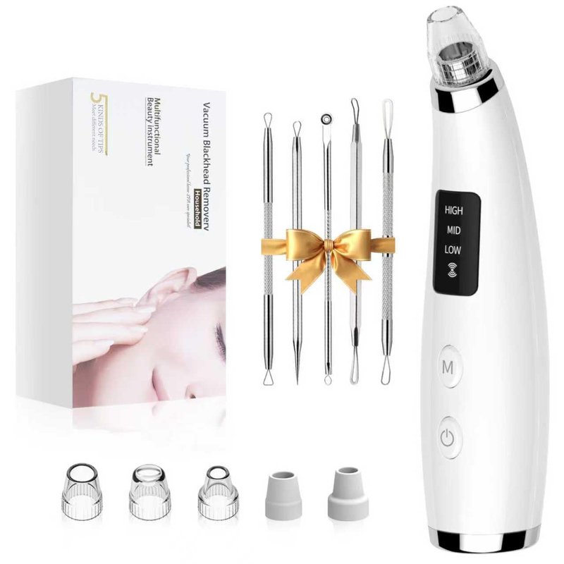 Pore Vacuum Blackhead Remover - Pore Extractor with 5 Attachments & 3 Suction Levels - Blackhead Remover Tools for Women and Men (White)