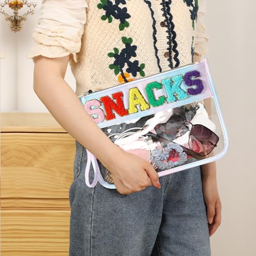 HIGH FIT Waterproof Clear Cosmetic & Snack Pouch with Chenille Letter Patch - Travel Makeup Bag, Multi-Use, Color: Snack