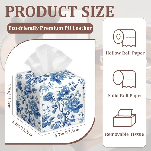 Blue Floral Tissue Box Holder - Waterproof Leather Organizer for Home & Car, 2 Pack