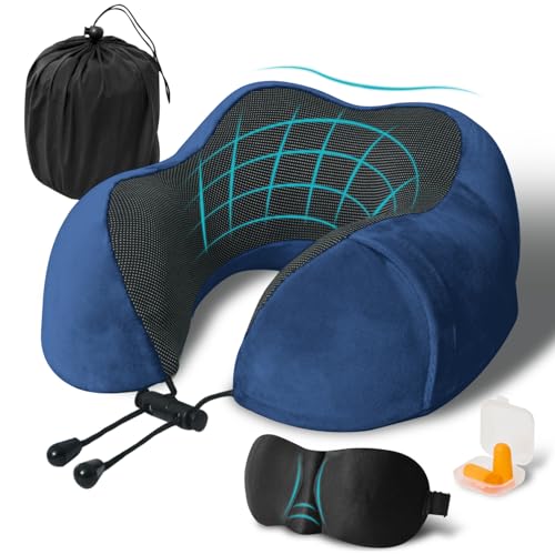 Elvodosia Memory Foam Travel Neck Pillow with Eye Mask & Earplugs - Blue