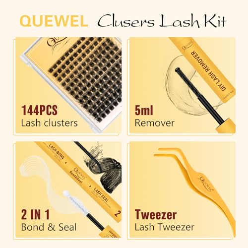 QUEWEL Lash Clusters Kit Mix 8-16 Lengths Natural Look with Applicator & Remover (H01-MIX9-16)