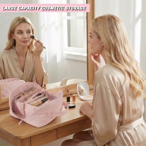 Pink Large Capacity Makeup Bag - Machine Washable Quilted Organizer