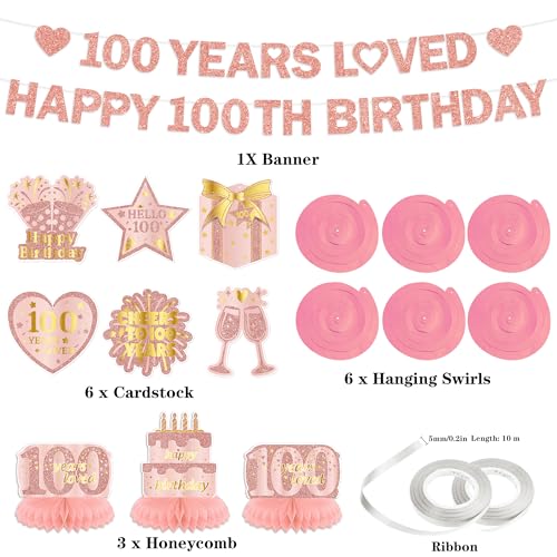 Rose Gold 100th Birthday Decorations Set for Women