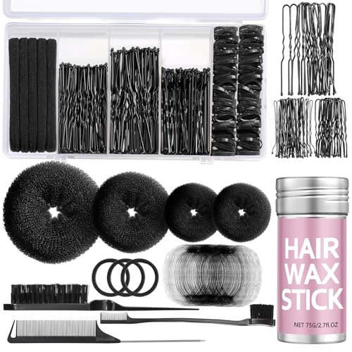 Black Hair Donut Bun Maker Kit - 4 Sizes, 20 Hair Nets, Bobby Pins & Wax Stick