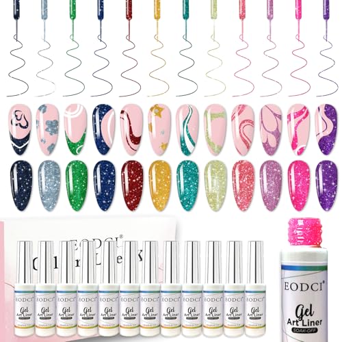 eodci Shiny Variation Reflective Glitter Nail Art Gel Liner Set – 12 Colors, Soak-Off with Thin Brush