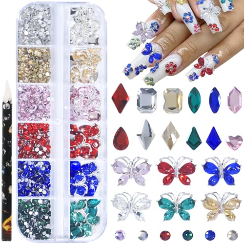Silver Butterfly Nail Charms & Colorful Rhinestones for Nail Art & Crafts