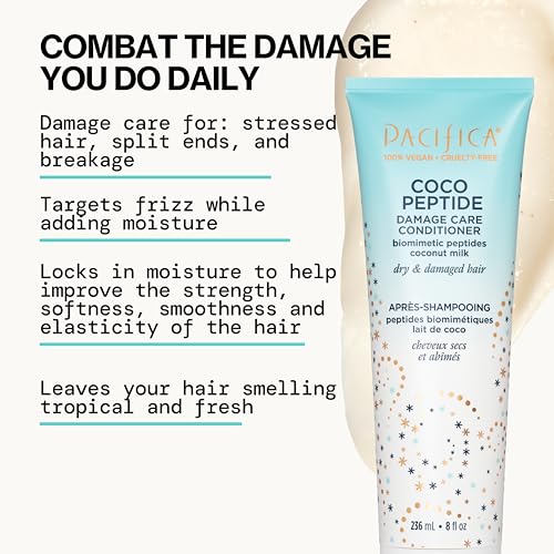 Pacifica Coco Peptide Damage Care Shampoo & Conditioner Set - 20 Fl Oz, Repair & Strengthen Damaged Hair, Vegan, Sulfate-Free