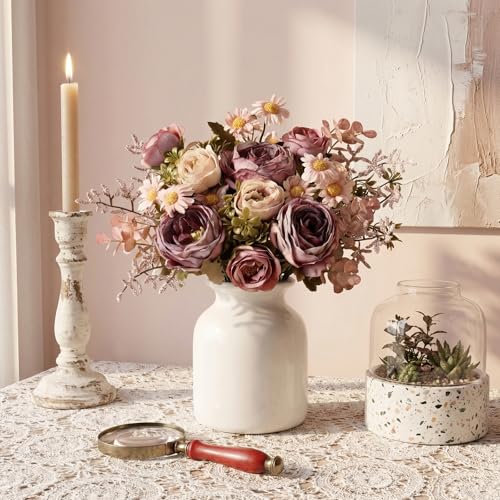 3PCS Pink Artificial Flower Bouquet - Silk Vintage Roses & Daisies