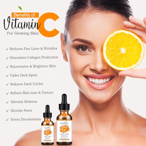 Cosmida Vitamin C Serum for Face with Hyaluronic Acid, Collagen, 1 Fl Oz - Brightening & Anti-Aging Skincare