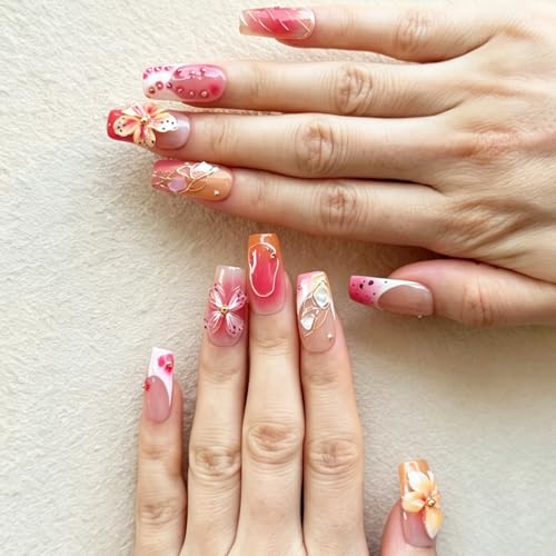 Vlazryk Handmade Press On Nails, Pink Orange Gradient Square False Nails