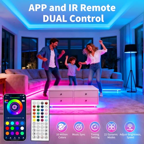 50FT RGB LED Strip Lights with Music Sync & Smart App Control