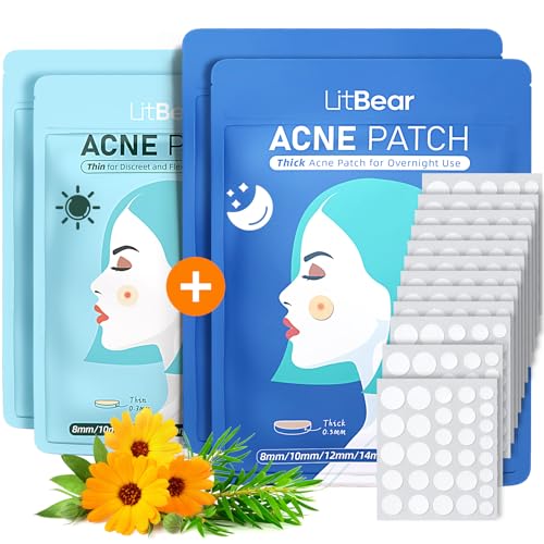 LitBear 360 Count Acne Pimple Patches - Day & Night Hydrocolloid Zit Stickers with Witch Hazel, Tea Tree & Calendula Oil, Multiple Sizes