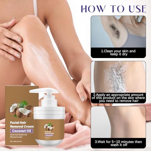 ROSINO Coconut Oil Facial Hair Removal Cream, Facial Hair Removal Cream for Women, ROSINO Facial Depilatory Creams, Coconut Oil Based Gentle Body Hair Remover Creams for Smooth Skin