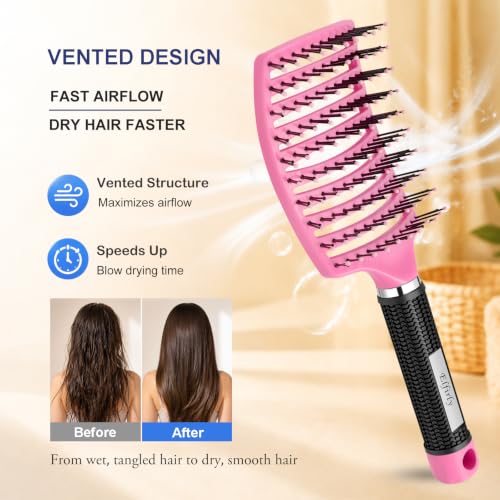 Elfirly Detangler Hair Brush for Wet & Dry Thick & Fine Hair - Black & Pink