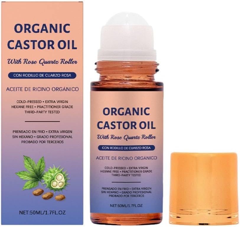 Organic Castor Oil Roll-On - 100% Cold Pressed with Rose Quartz Roller | Nourishes Brows, Lashes & Dry Skin, Travel-Friendly 1oz
