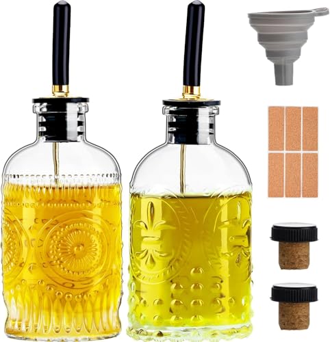 Oil Dispenser Set of 2 - 7 oz Glass Bottles with Metal Pourers