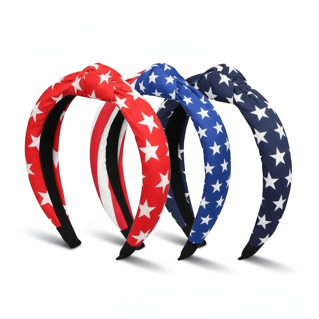 EIOAUY 3 Pack Patriotic Wide Headbands for Women, American Flag Stars Knotted Hair Accessories, 4th of July Independence Day Headbands for Party Holiday