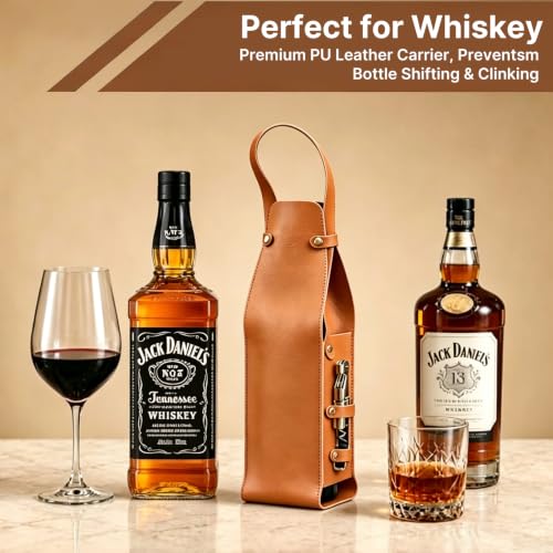 Crymfrynt PU Leather Wine Carrier Bag for Whiskey - Brown