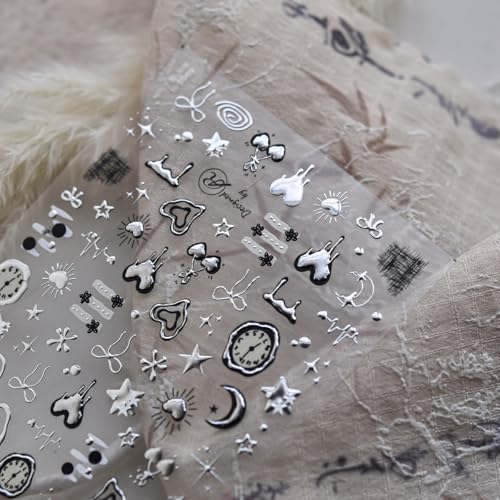 NBNTGH Silver Heart & Star Nail Art Stickers with Metal 5D Embossed Decals - Color02
