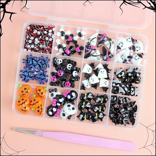 12 Grids Halloween Resin Nail Charms 3D Vintage Punk Spider Skull