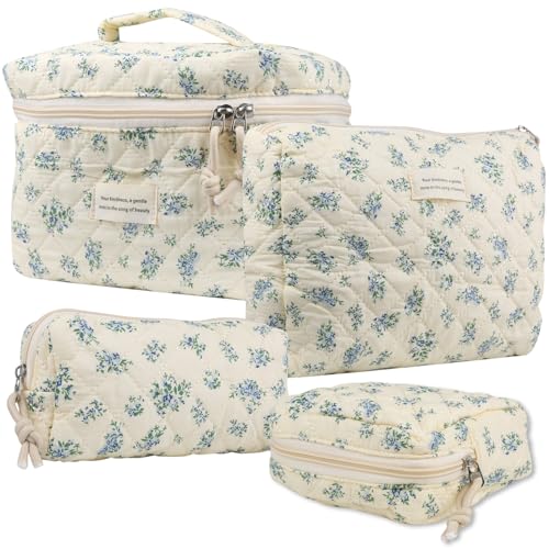 VIWIME 203-Blue Rose Large Quilted Makeup Bag, Cotton Cosmetic Toiletry Organizer