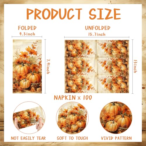 100-Pack Fall Pumpkin Paper Napkins - Floral Thanksgiving Design