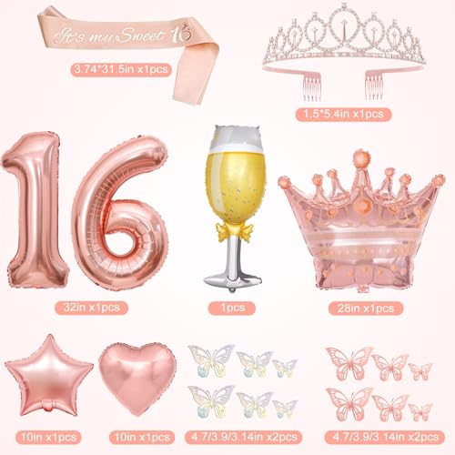 Rose Gold Sweet 16 Birthday Decorations Set for Girls