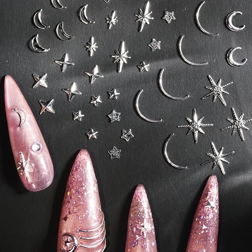 600 Pcs Silver Nail Charms Kit with Stars & Moons - DIY Manicure